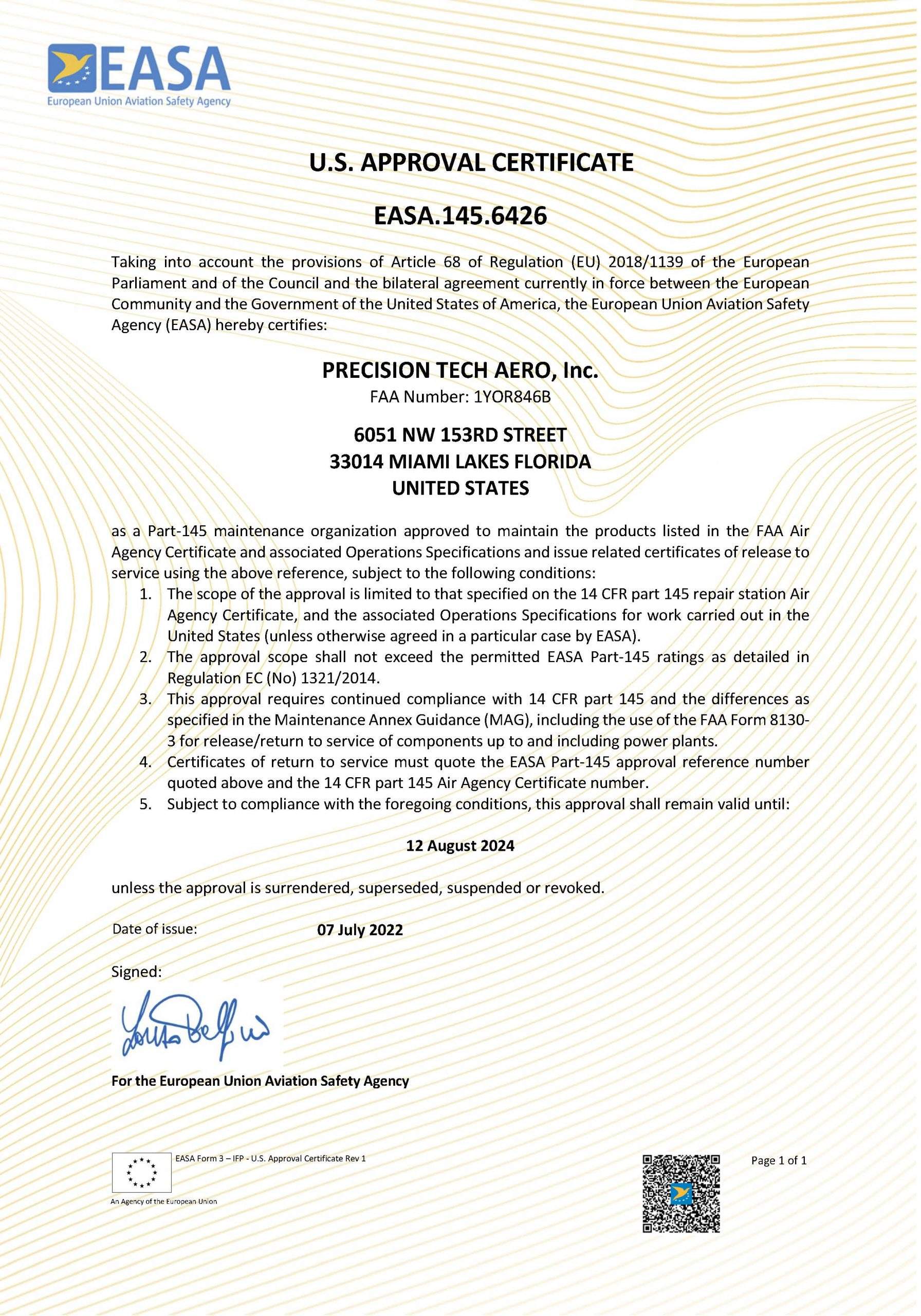 Precision Tech Aero Certificate EASA-2024
